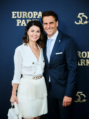 Katja and Thomas Mack Katja and Thomas Mack on the blue carpet at Europa-Park's 50th anniversary gala.