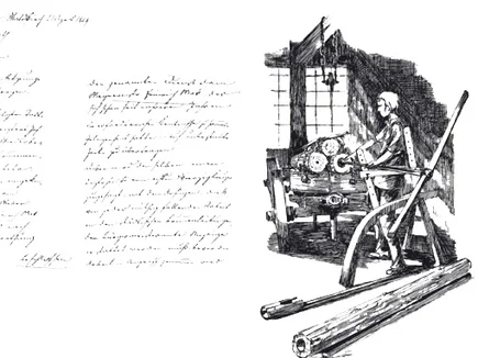 Sketch of a carriage builder at work in the 19th century.