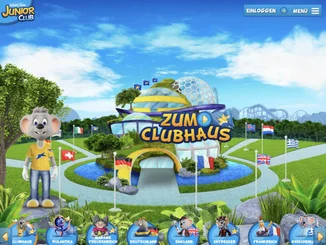 In der Mitte des Bildes ist das virtuelle JUNIOR CLUB Haus zu sehen. Mit großer Glaskuppel und Rutschen verspricht das Clubhaus Spielspaß pur. Über verschiedene Länderflaggen können die Kinder in die virtuellen Welten des JUNIOR CLUB springen.