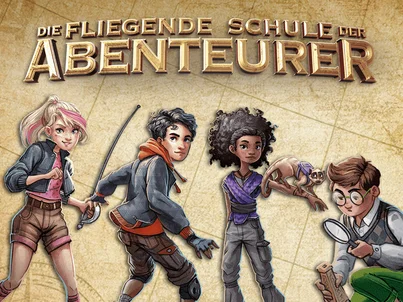 Die vier Freunde der Buchreihe "Die Fliegende Schule der Abenteurer" nebeneinander.