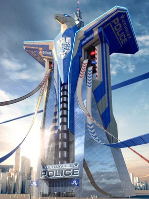 Alpha Mods Police Station Un immense poste de police futuriste, équipé de pistes de course et de garages pour les véhicules Alpha Mods P.D.