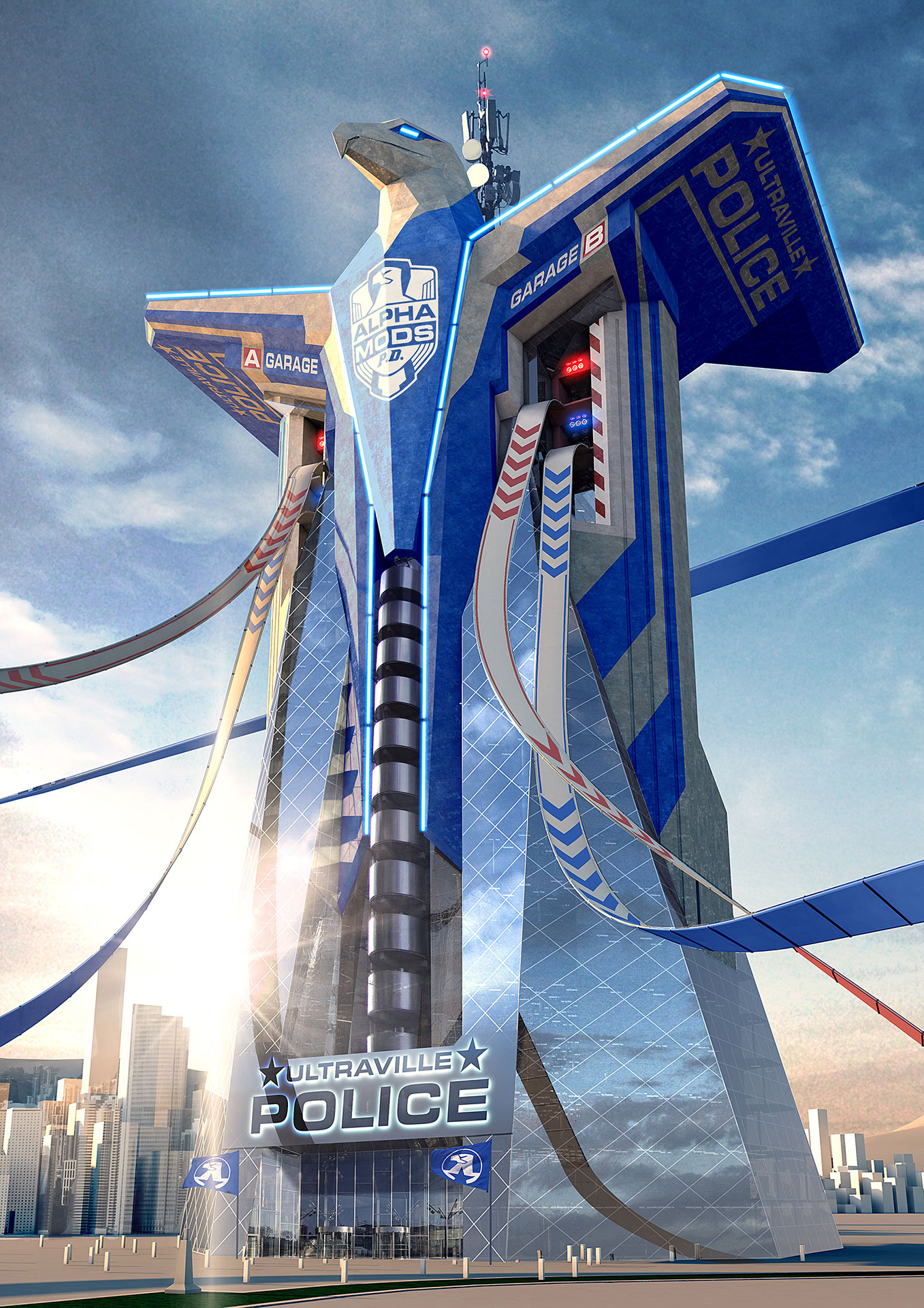 Alpha Mods Police Station A huge, futuristic police station with racetracks and garages for the Alpha Mods P.D. vehicles.