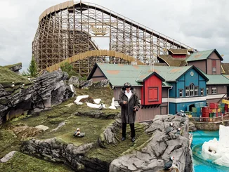 Michael Mack YULLBE Michael Mack wearing a VR headset and hand trackers in the Scandinavian themed area of Europa-Park.
