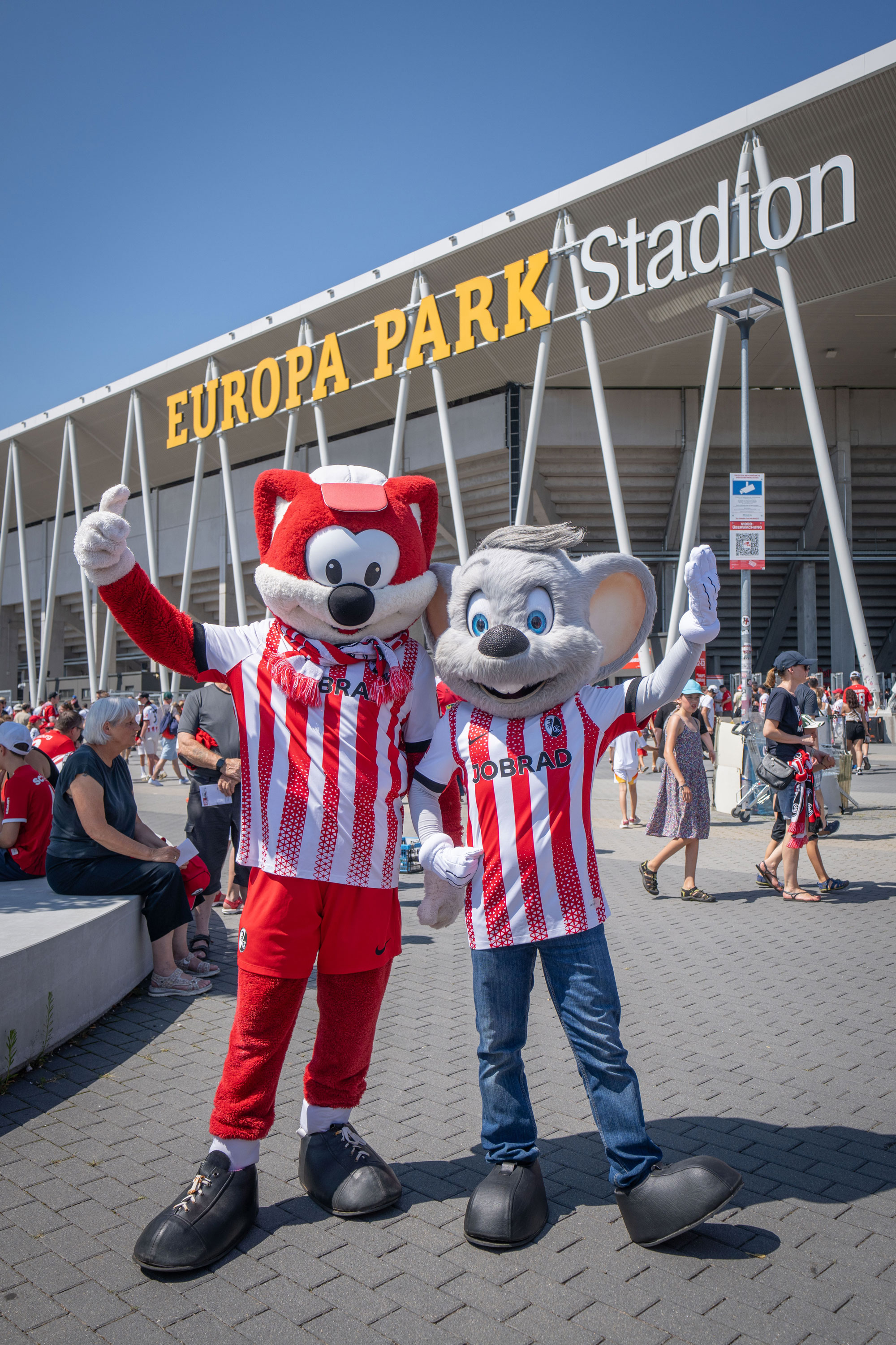 Ed Euromaus wearing an SC Freiburg jersey in front of the stadium.