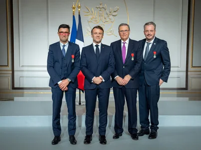 Michael Mack and Emmanuel Macron. Michael and Roland Mack being honoured by President Emmanuel Macron as ‘Chevalier de la Légion d’honneur’.