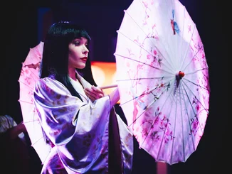 Performer in the Europa-Park Dinner-Show A dancer from the Europa-Park Dinner-Show wearing a striking costume and carrying an umbrella.