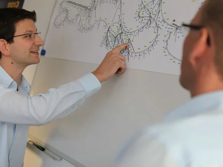 Zwei Mitarbeitende von MACK Rides vor einem Whiteboard, darauf der Streckenverlauf einer neuen Achterbahn.