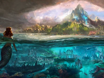 Rulantica Die fiktive Insel Rulantica wird von Weitem von einer Meerjungfrau beobachtet.