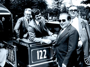 Opening of Europa-Park in 1975 with Roland Mack Roland Mack with the former finance minister and other invited guests on the Panorama Train at the opening of Europa-Park in 1975.