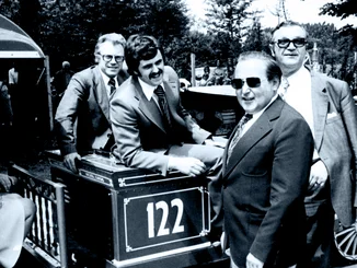 Opening of Europa-Park in 1975 with Roland Mack Roland Mack with the former finance minister and other invited guests on the Panorama Train at the opening of Europa-Park in 1975.
