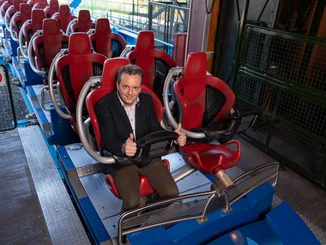 Michael Mack – blue fire Megacoaster Michael Mack embarks on a test ride on blue fire Megacoaster at Europa-Park.