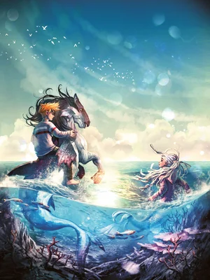 Rulantica – Die verborgene Insel Die beiden Hauptcharaktere der Buchreihe "Rulantica Saga" Aquina und Mats schwimmen im Meer.