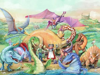 Madame Freudenreich und ihre Dinos Artwork: Madame Freudenreich, ihre Enkel und neben ihnen ganz viele unterschiedliche Dinos.