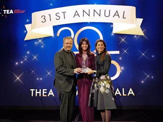 TEA Thea Award 2025 Michael, Miriam and Ann-Kathrin Mack on stage at the Thea Awards ceremony.