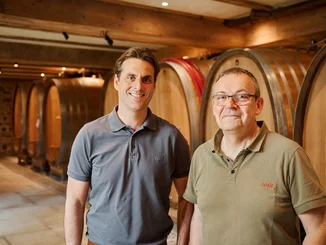 Thomas Mack and Mathieu Kauffmann in the wine cellar of Château Ollwiller. Thomas Mack and Mathieu Kauffmann in the wine cellar of Château Ollwiller.