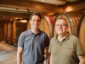 Thomas Mack and Mathieu Kauffmann in the wine cellar of Château Ollwiller. Thomas Mack and Mathieu Kauffmann in the wine cellar of Château Ollwiller.