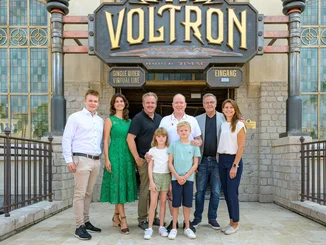 The Mack family with Prince Albert of Monaco From left to right: Frederik Mack, Miriam Mack, Michael Mack, Prince Albert of Monaco with his two children, Roland Mack and Ann-Kathrin Mack in front of the attraction Voltron Nevera powered by Rimac at Europa-Park.