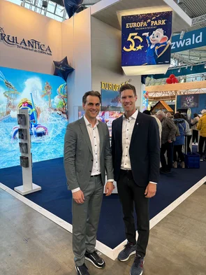 CMT Trade Show Thomas and Nicolas Mack in front of the Europa-Park Resort stand at the CMT in Stuttgart.