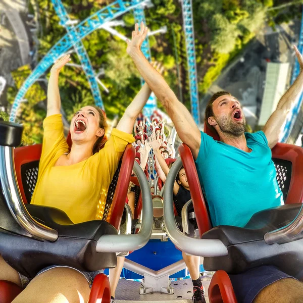 A workplace with fun factor Two people on the rollercoaster blue fire Megacoaster.