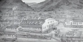 The historic Mack wagon factory, complete with steaming chimney, loaded carriages and horses amidst a mountainous landscape.