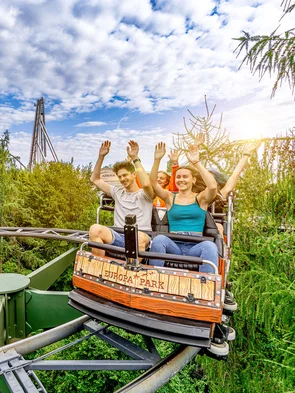 Besucher fahren die Achterbahn Matterhorn-Blitz im Europa-Park im Schweizer Themenbereich.