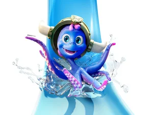 Snorri auf einer Wasserrutsche.