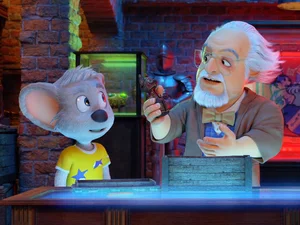 Ed Euromaus im 4D-Film Standbild aus dem 4D-Film "Nachts im Park": Ed Euromaus und Professor Nikolajew betrachten eine geheimnisvolle Statue.