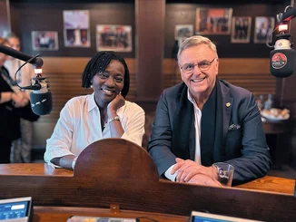 Dr Auma Obama and Roland Mack at ‘The World Beyond - Michael Mack and his Emotioneers of Tomorrow’ Dr Auma Obama and Roland Mack sit together during the podcast recording in ‘Studio78’ at Europa-Park.