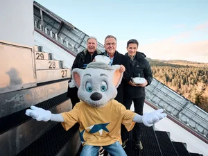 Roland Mack with Hansjörg Eckert and Martin Schmitt Europa-Park owner Roland Mack together with the former mayor of Hinterzarten, Hansjörg Eckert, ski jumping legend Martin Schmitt and Ed Euromaus on the Hinterzarten ski jump.