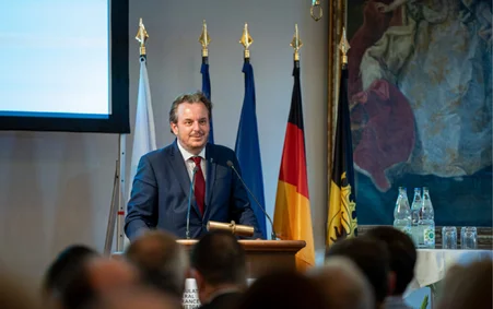 Michael Mack at the ‘Chevalier de la Légion d’honneur’ award ceremony in 2025. Michael Mack delivers a speech on stage at the ‘Chevalier de la Légion d’honneur’ award ceremony.