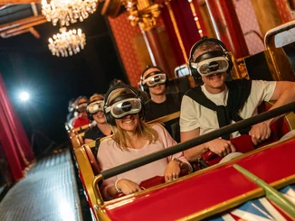 Eurosat Coastiality Guests are seated on the Eurosat Coastiality - The Phantom of the Opera attraction.