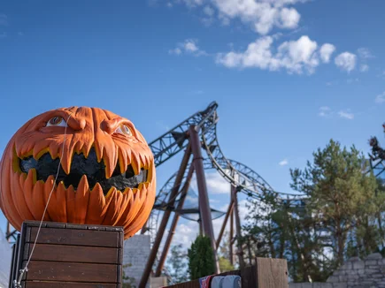 Zur Halloweensaison ist der Europa-Park herbstlich dekoriert – mit zahlreichen Kürbissen, Maisstauden und vielem mehr.