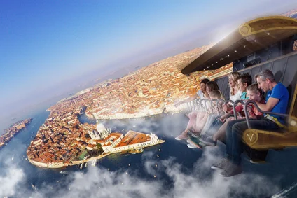 Guests on the Voletarium attraction flying over European landscapes.
