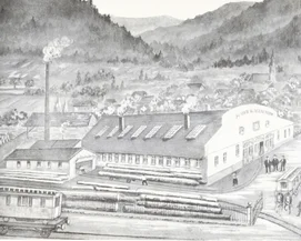 Site historique de l'usine de chariots Mack à Waldkirch. L’usine de chariots Mack, avec sa cheminée fumante, des chariots pleins, des billots de bois et des chevaux au milieu d’un paysage de montagne.