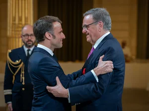 Appointment of Roland Mack as ‘Officier de la Légion d'honneur’ Emmanuel Macron and Roland Mack at the ceremonial presentation of the Order at the Élysée Palace in Paris.